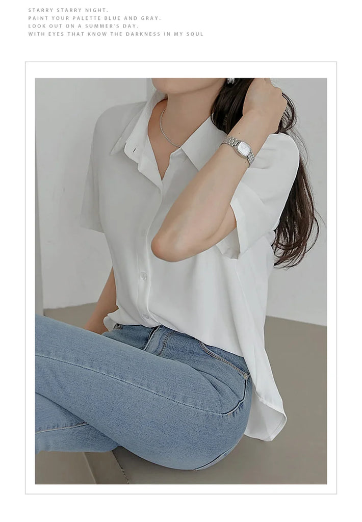 New Women'S Summer Lapel Short Sleeved Slimming Casual Versatile Shirt Female Comfortable Thin Fashionable Professional Top