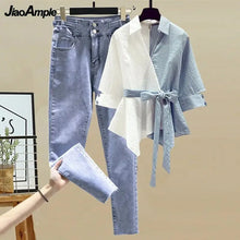 Load image into Gallery viewer, Women&#39;s Summer New in Matching Set Korean Elegant Splice Fake Two Piece Shirts+Jeans Suit 2023 Chic Blouse Denim Trousers Suits