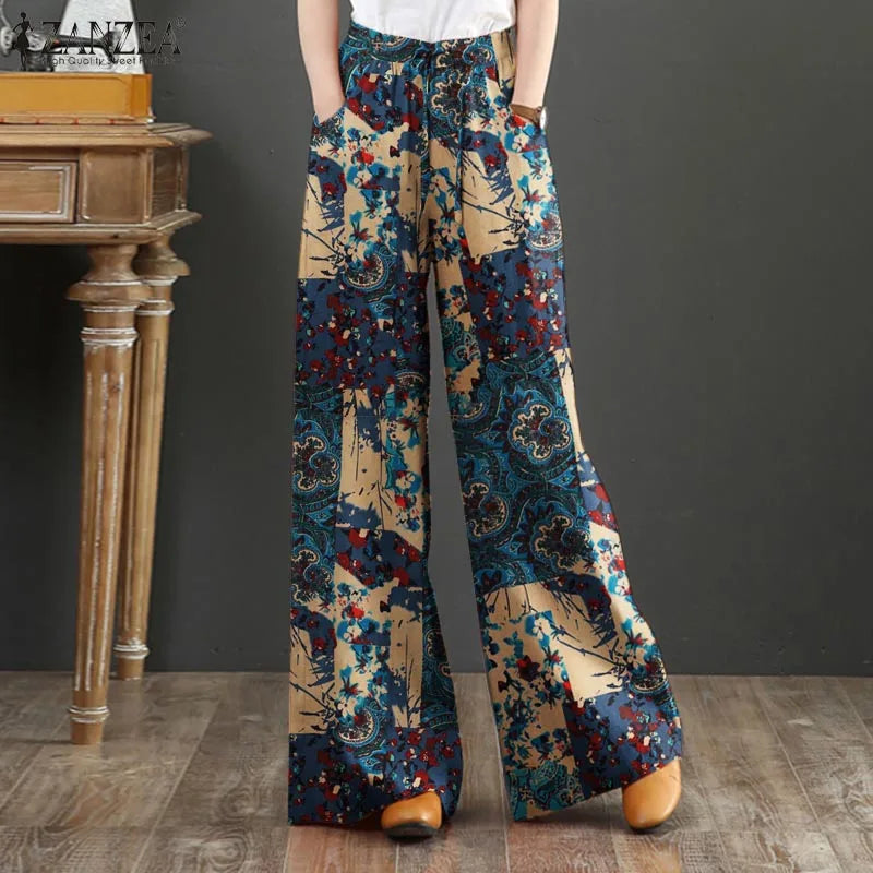 Bohemian Vintage Long Pants ZANZEA Women Wide Leg Trousers Summer High Waist Printed Pantalon Female Elegant Work Palazzo Capris