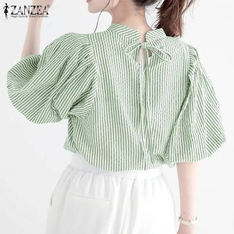 ZANZEA Women Summer Elegant Striped Shirt Fashion 3/4 Lantern Sleeve Blouse Office Work Tops Casual Female Loose Party Blusas