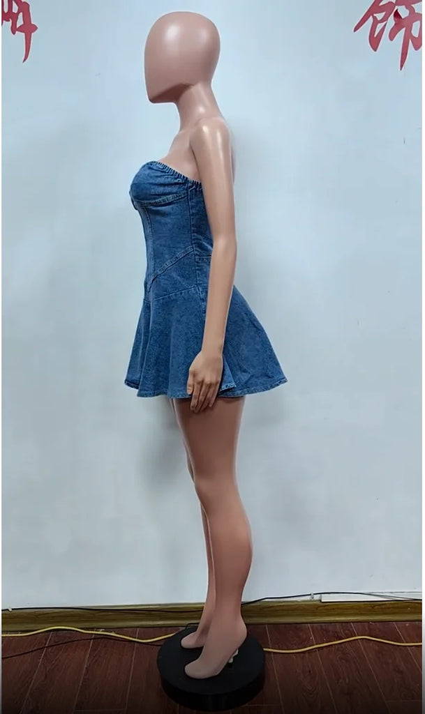 Lovely Lady Denim Club Dress Sexy Women Strapless Elegant Blue Jeans Skater Party Dress