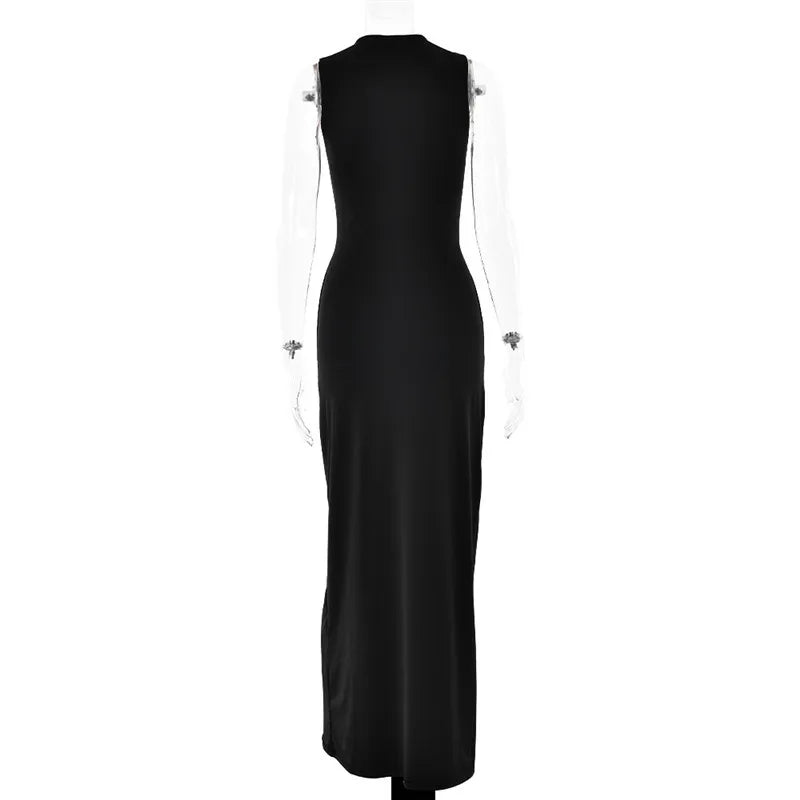 Mozision Half High Collar Irregular Tank Dress For Women 2024 New Fashion Sleeveless Bodycon Ruched Sexy Long Dress Elegant