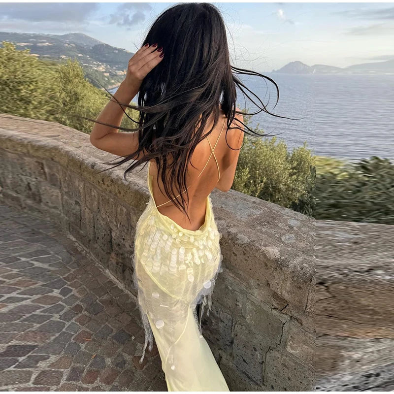 Sexy Sequins Backless Party Long Dress Women Bodycon Tulle V-neck Sleeveless Hip Package Long Dresses 2024 Summer Evening Robes