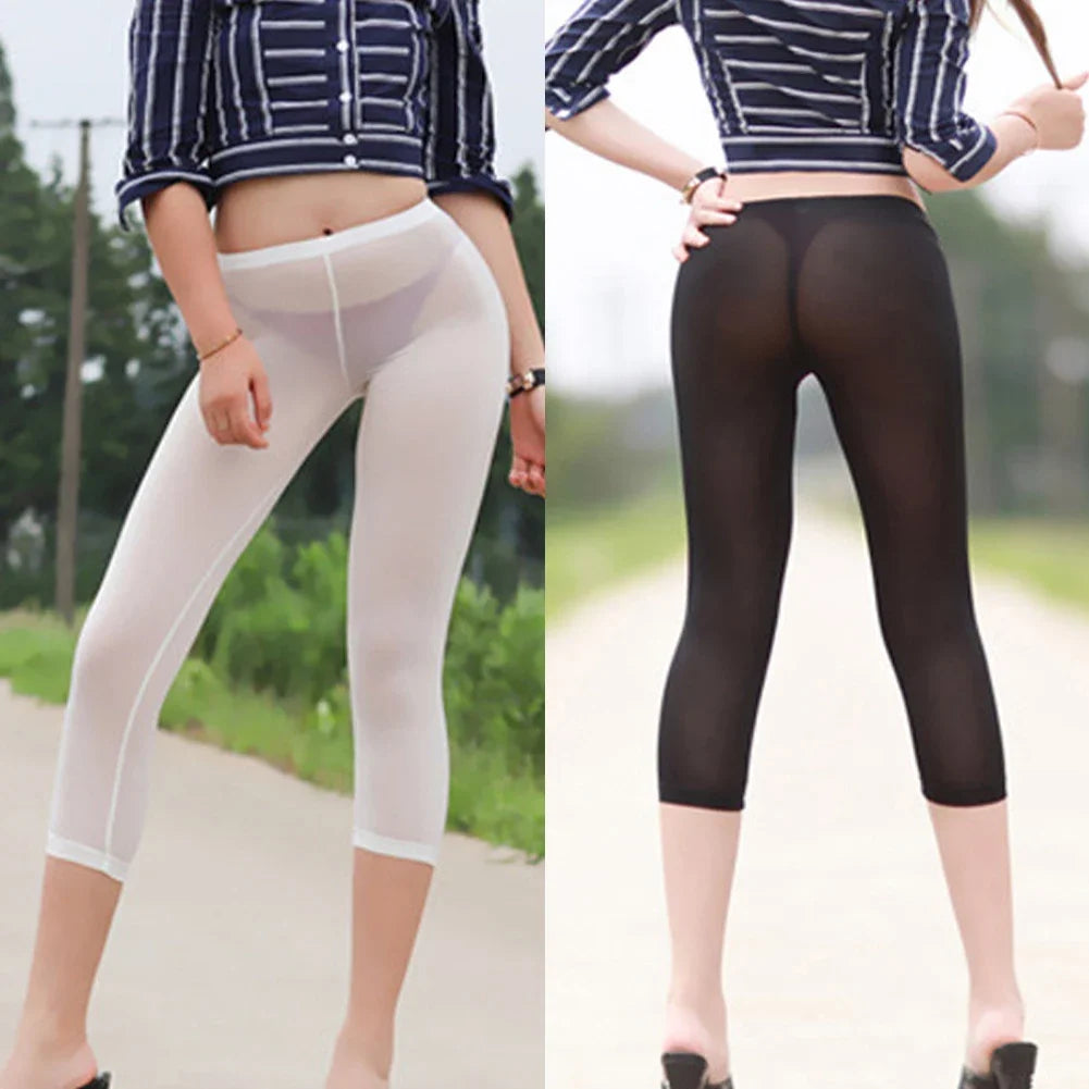 Sexy Women's Transparent Black White Cropped Pants Leggings High Elastic Ice Silk Leggings Trousers Female Clothing