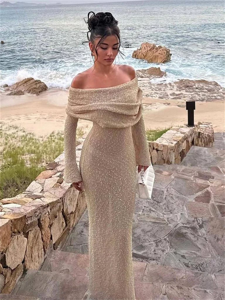 Sexy Knit Long Dress Elegant Women White Off Shoulder Bodycon Hollow Out Crochet Sundress Wedding Guest Dresses Beach Outfits