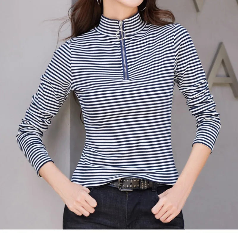 Spring and Autumn Women's Pullover Half High Neck Zipper Solid Stripe Contrast Long Sleeve T-shirt Underlay Elegant Casual Tops