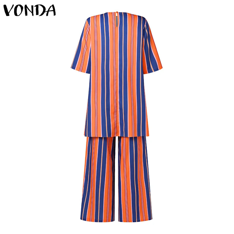 VONDA Bohemian Vintage Women Striped Pants Sets 2024 Summer Half Sleeve Casual Loose Tops and Pants Matching Sets Oversize 2PCS