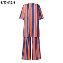 Load image into Gallery viewer, VONDA Bohemian Vintage Women Striped Pants Sets 2024 Summer Half Sleeve Casual Loose Tops and Pants Matching Sets Oversize 2PCS