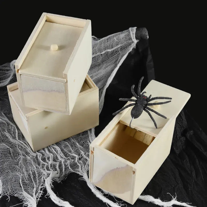 Simulation Spider With Wooden Box Kids Favors Tricky Prank Joke Toy Haunted House Horror Props Halloween Party Decor Supplies