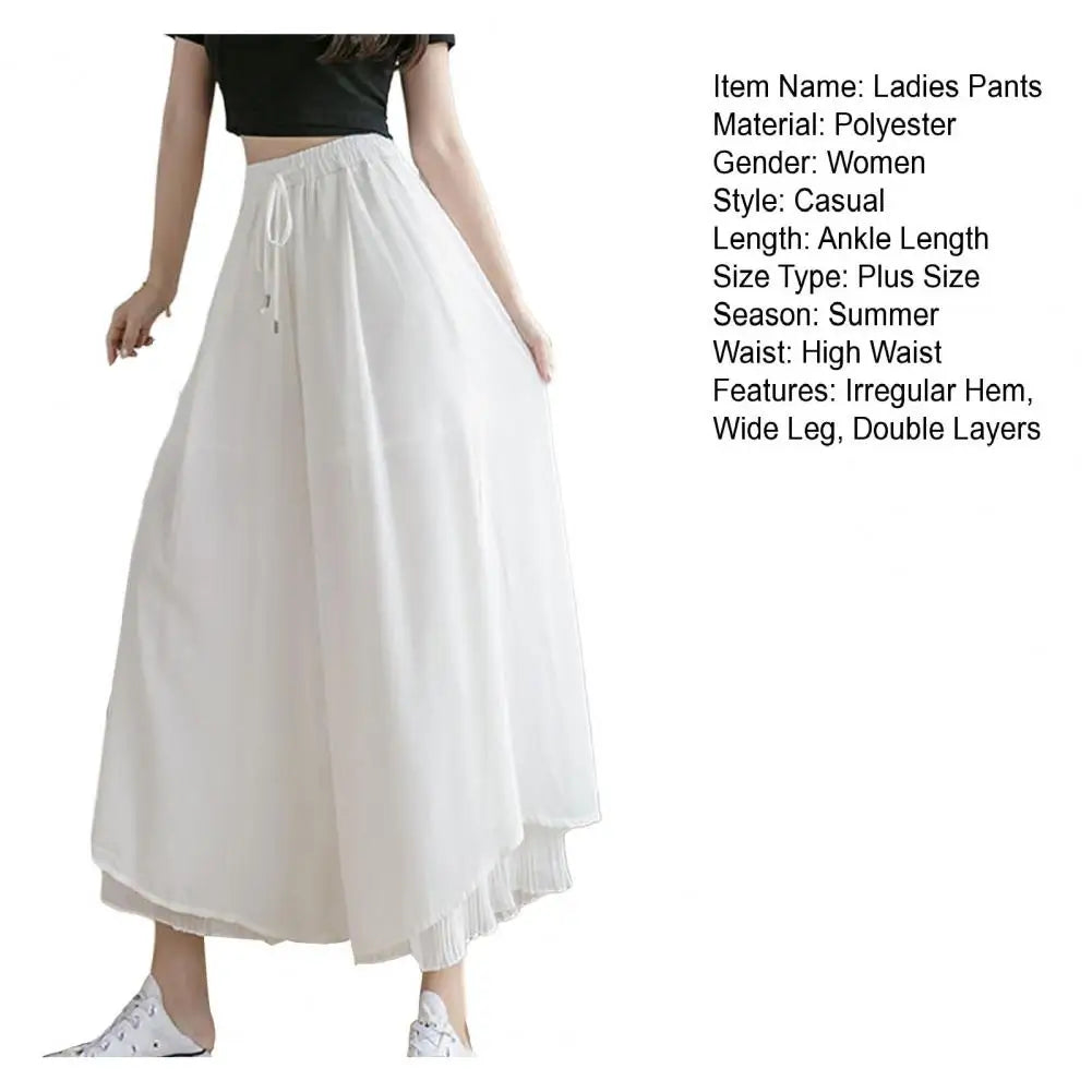 Women Pants Culottes Elastic Wide Leg Irregular Hem Double Layers Korean Trousers Summer Casual Loose Pleated Pants