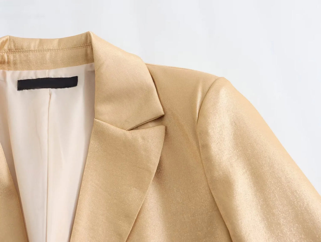 TRAFZA Spring Fashion Women Blazer Tops Gold Turn-Down Collar Long Sleeves Pockets Single Breasted Female Chic Coats Office Lady