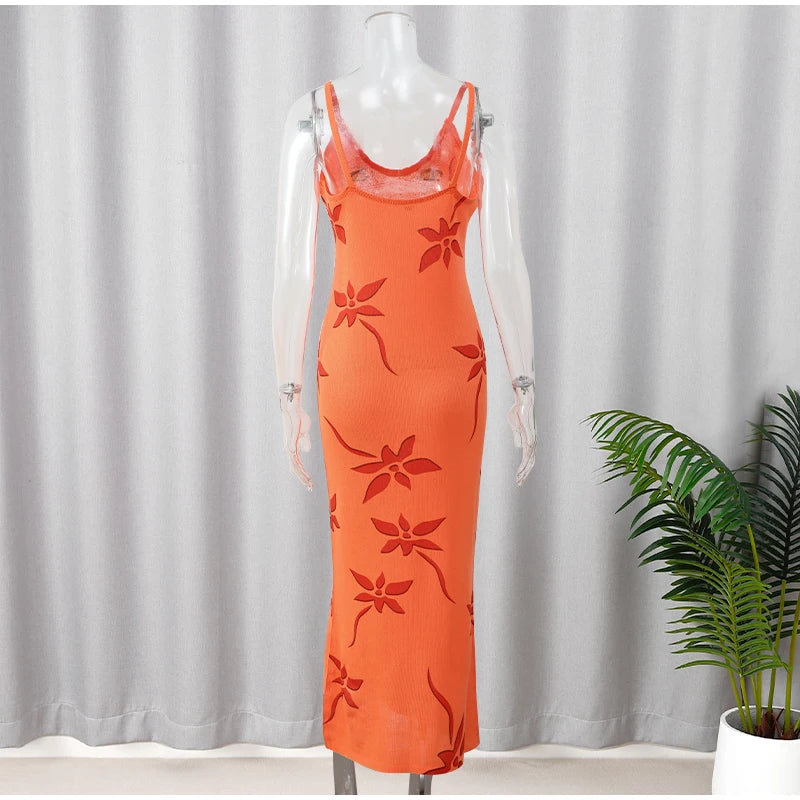 Women Sexy Knitted Print Sling Maxi Dress Fashion V-neck Backless Off Shoulder Slim Long Robes Summer Elegant Lady Club Dresses