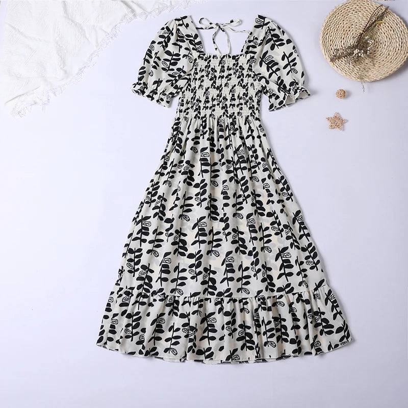 Summer Pleated Women Chiffon Dresses Casual Beach Holiday Short Sleeve Square Collar Woman Midi Dress Bohemian Mujer Vestidos