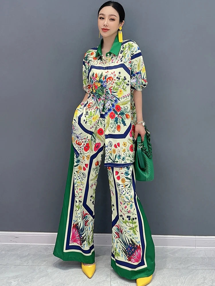 SHENGPALAE 2024 Summer New Women's 2 Piece Set Printed Long Sleeved Shirt Wide Legged Pant Fashion Casual Elegant Clothes 5R9886