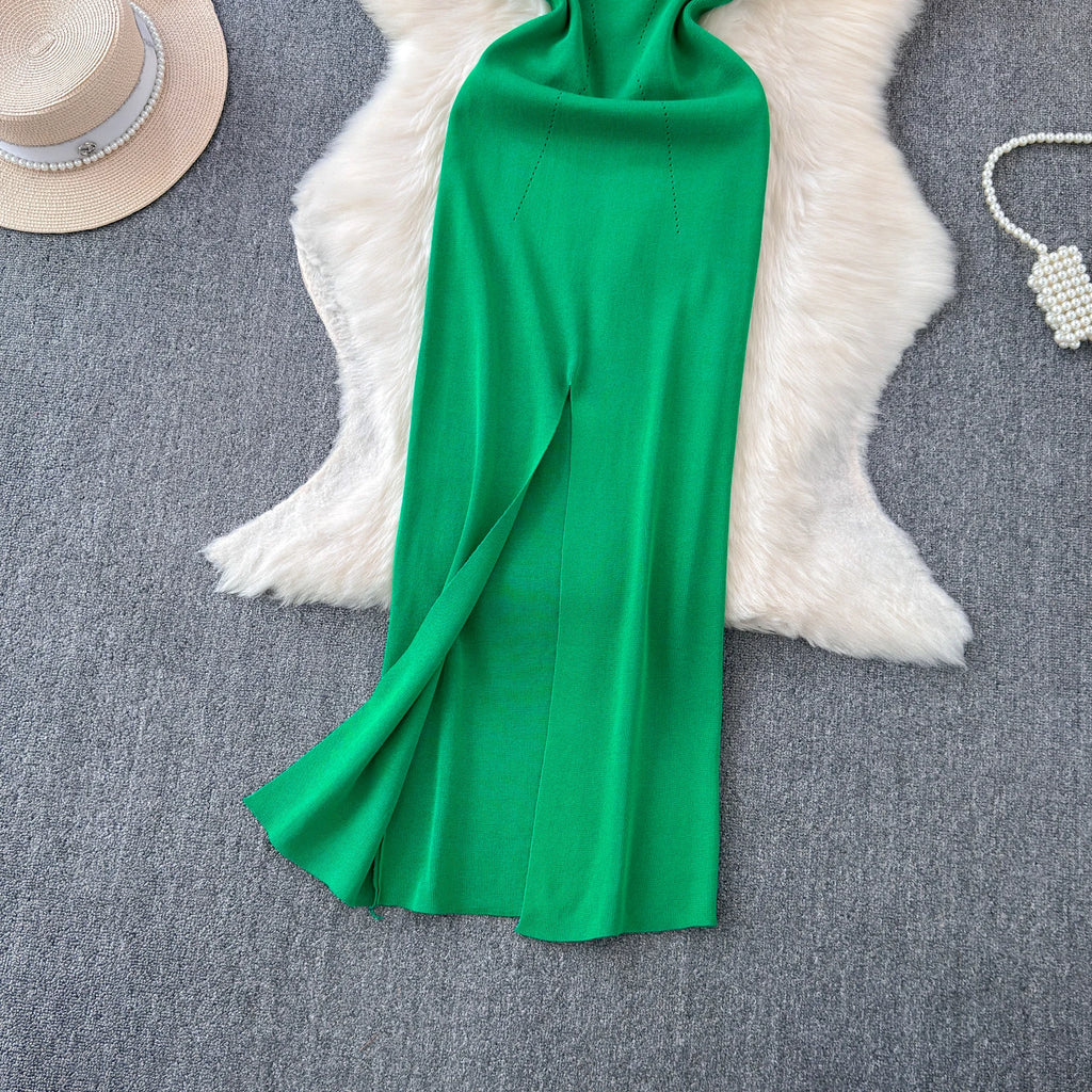 sweet Sleeveless Backless Solid Knit Split Slip Dress Chic Elastic Slim Fashion Party Women Elegant Wrap Pencil dresses