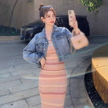 Load image into Gallery viewer, Summer Sweet Women  Rainbow Stripe Dress  Knitted Slim Fit Short Wrapped Hip Dress