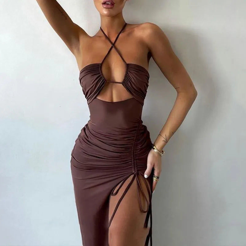 Fashion Sexy Split Dresses Women Summer Black Sleeveless Backless Hollow Out Party Dress Lace-up Halter Slim Elegant Party Dress