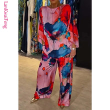 Load image into Gallery viewer, LKF 2024 Autumn New Urban Elegant Women&#39;s Set Satin Loose Print Bat Sleeves Drawstring Wide Leg Pants Two Piece Set Wholesale