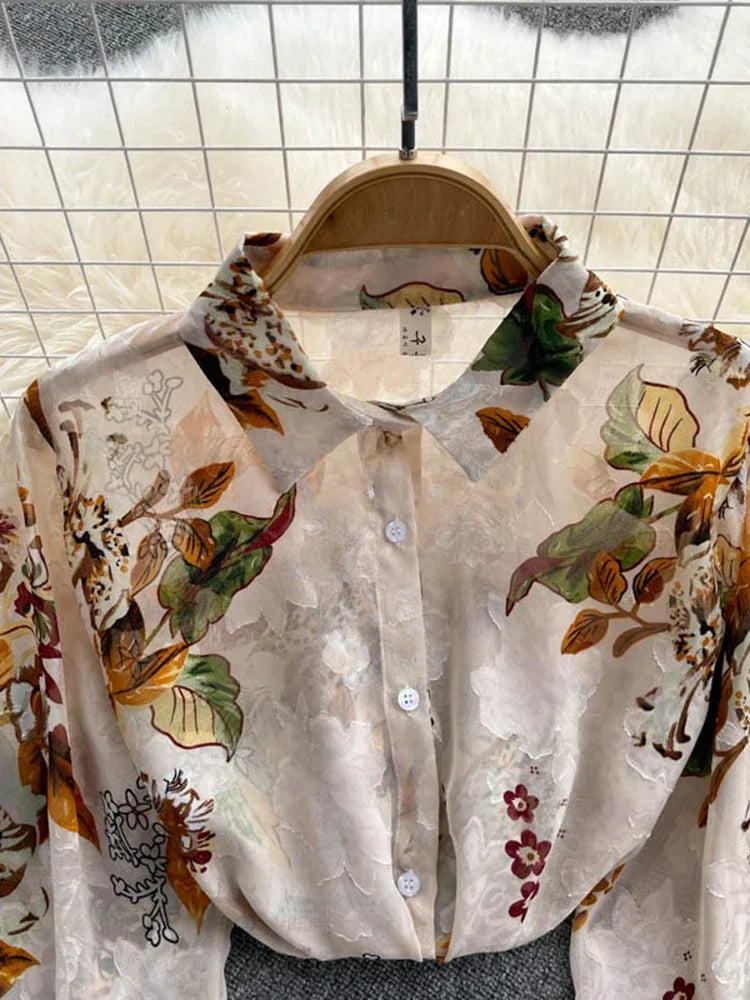 Spring Autumn Temperament Fashion Retro Chiffon Floral Blouses Print Loose Lapel Puff Sleeve Top Button Up Shirt Female GD611