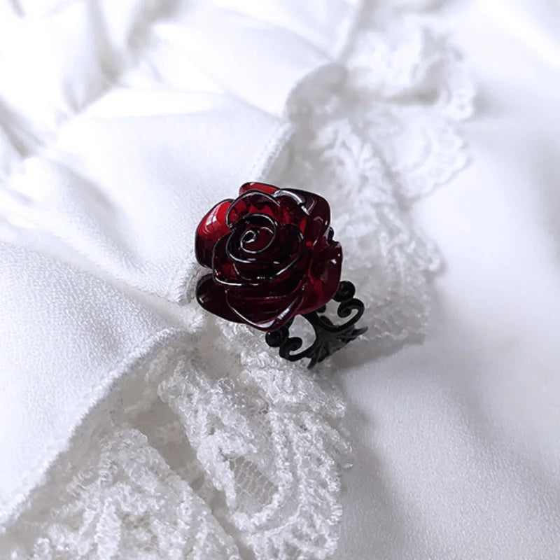 Punk Gothic Red Rose Ring Adjustable Hollow Rings for Women Witch Pagan Vintage Creative Halloween Cool Girl Gift Party Jewelry