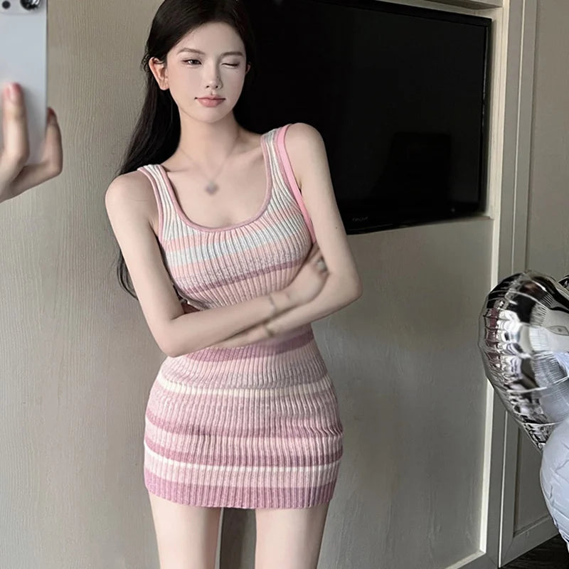 Summer Sweet Women  Rainbow Stripe Dress  Knitted Slim Fit Short Wrapped Hip Dress