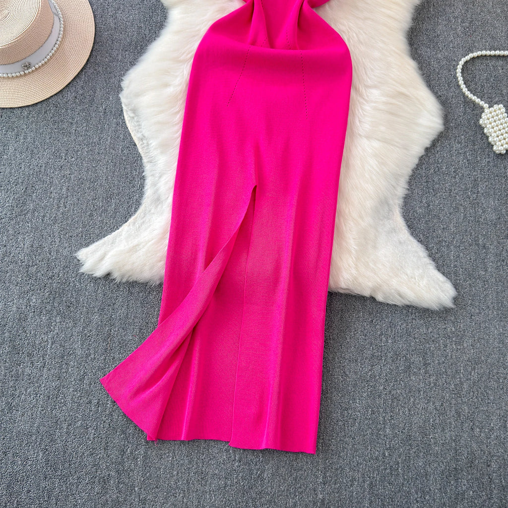 sweet Sleeveless Backless Solid Knit Split Slip Dress Chic Elastic Slim Fashion Party Women Elegant Wrap Pencil dresses