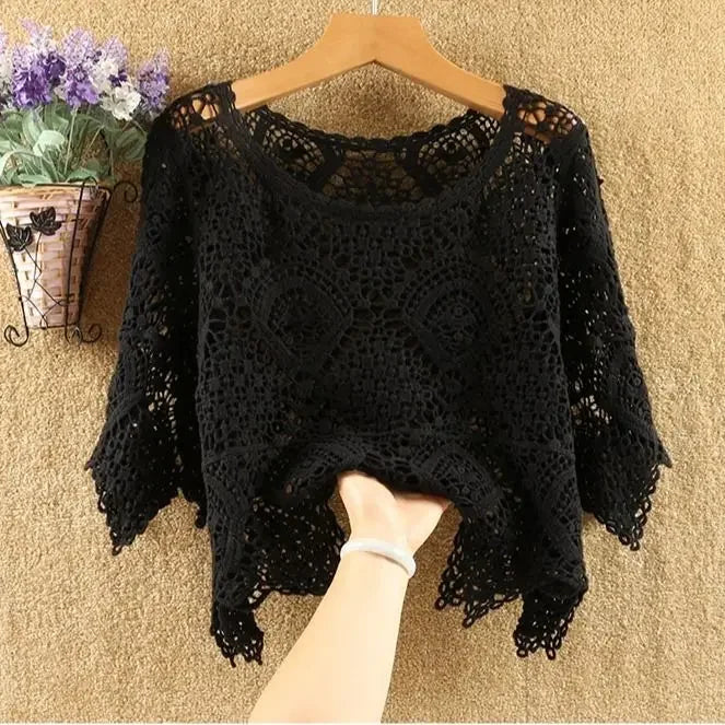 Simple Shawl Hollow-out Sweater Thin Artistic Pullover Blouse Women's Top