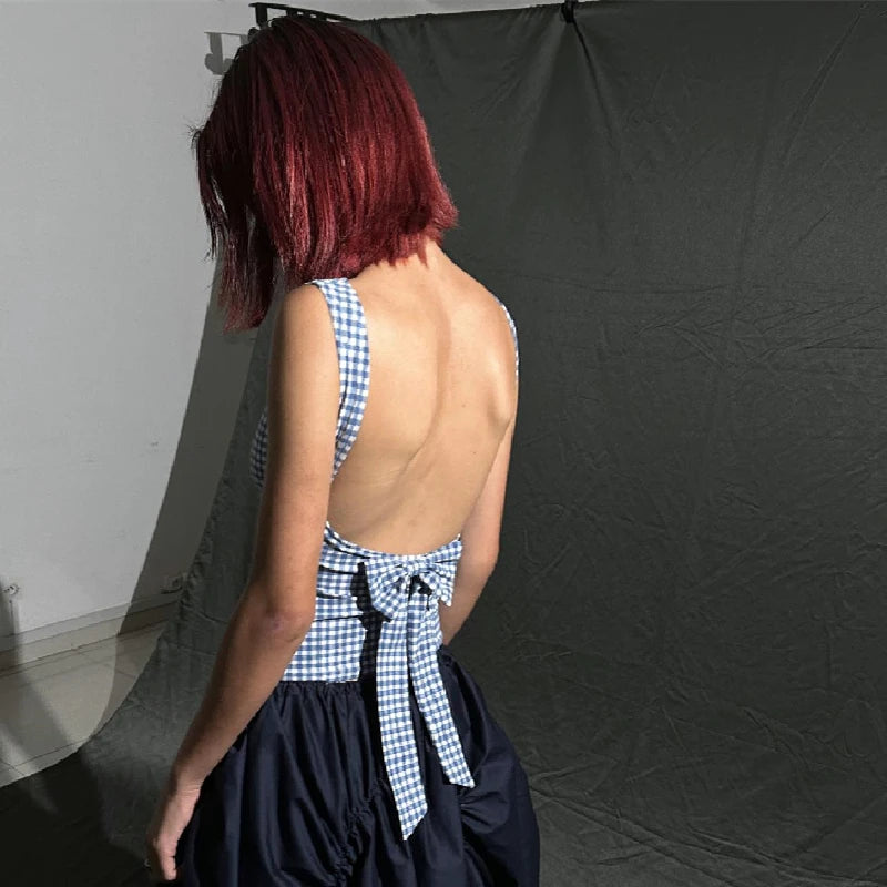 Xeemilo Korean Fashion Bow Backless Tank Top 2023 Casual Streetwear Plaid Print Sleeveless Crop Tops Summer Slim Fashion Corsets