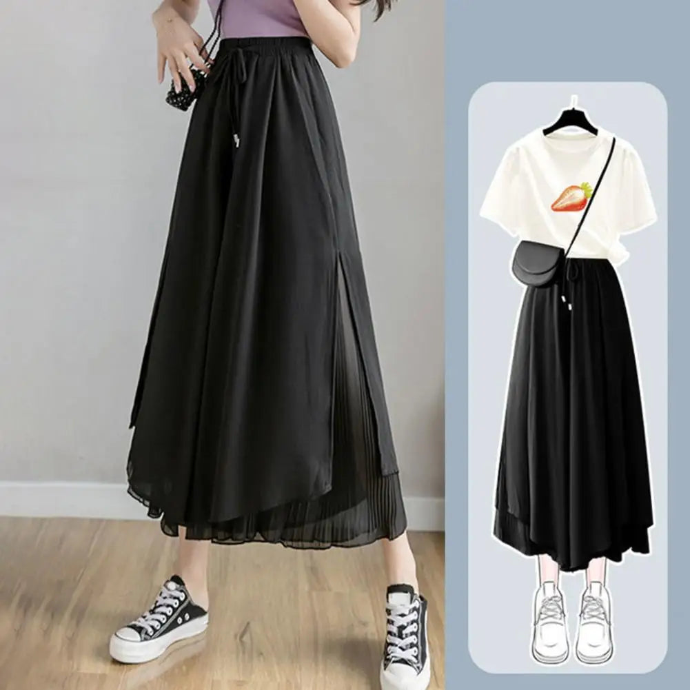 Women Pants Culottes Elastic Wide Leg Irregular Hem Double Layers Korean Trousers Summer Casual Loose Pleated Pants