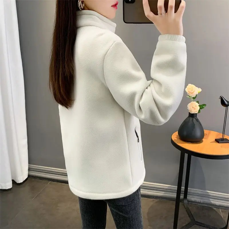 Winter Women Sweatshirt Coat Casual Loose Zip Up Cardigan Long Sleeve Sweatershirt Reversible Polar Fleece Stand Collar Coat