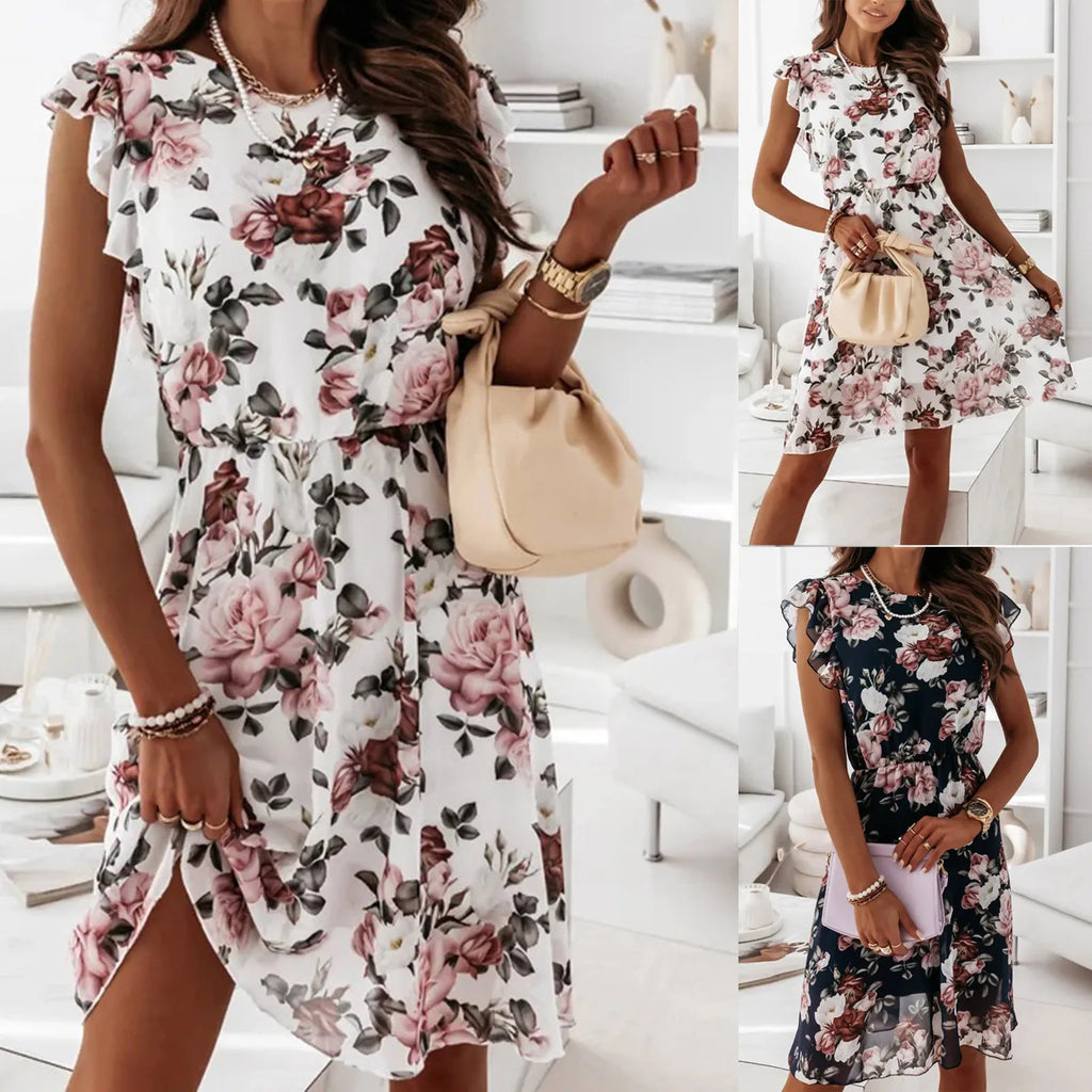 Woman Summer Floral Print Dress Chiffon Ruffled Short-sleeved Dress For Juniors Women's Casual Sleeveless Plus-size Dresses