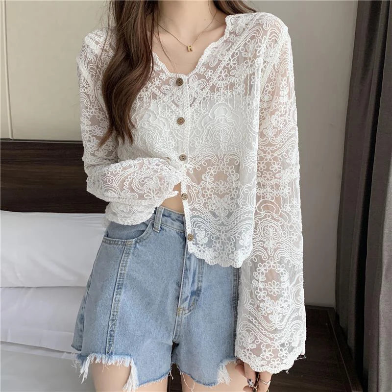 MEXZT Vintage Lace Blouse Women Sheer Long Sleeve Sunscreen Shirt Cardigan Vacation Korean Elegant Casual Sun Protection Top