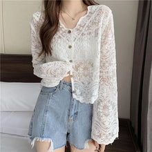 Load image into Gallery viewer, MEXZT Vintage Lace Blouse Women Sheer Long Sleeve Sunscreen Shirt Cardigan Vacation Korean Elegant Casual Sun Protection Top