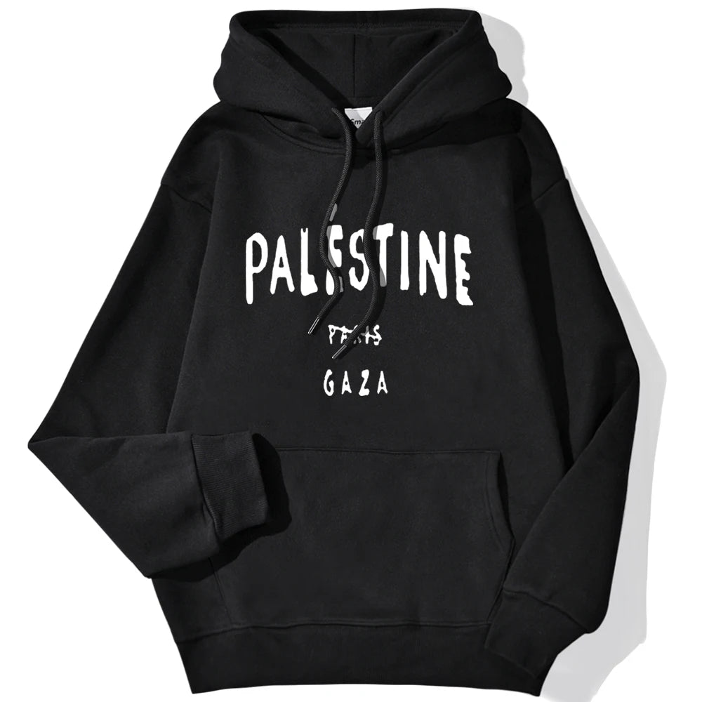 Winter Woman Hoodies Palestine Gaza Letter Printed Pullovers Breathable Loose Warm Pocket Sweatshirts Casual Ladies Streetwears