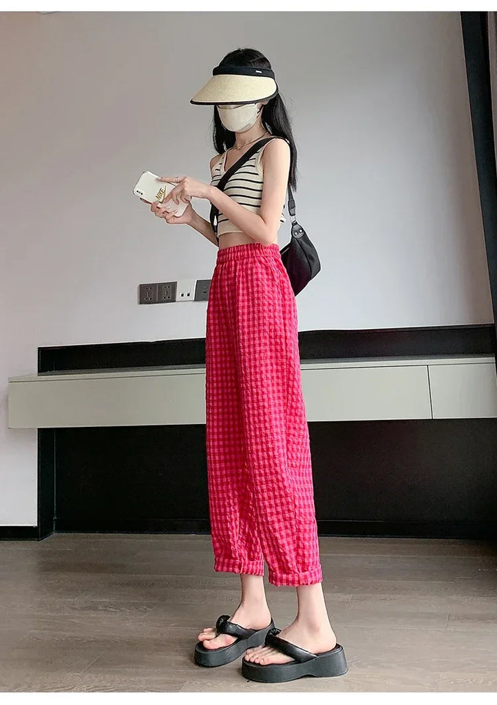 New Women's Checkered Cotton Hemp High Waist Casual Haren Pants Summer Korean Fashion Loose Women Seven Split Wide Leg Pants