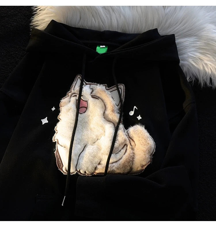 2023 Korean Autumn Winter Cute Cartoon Street Embroidery Design Cat Print Pullover Hoodies Women Men Trend Loose Couples Clothes