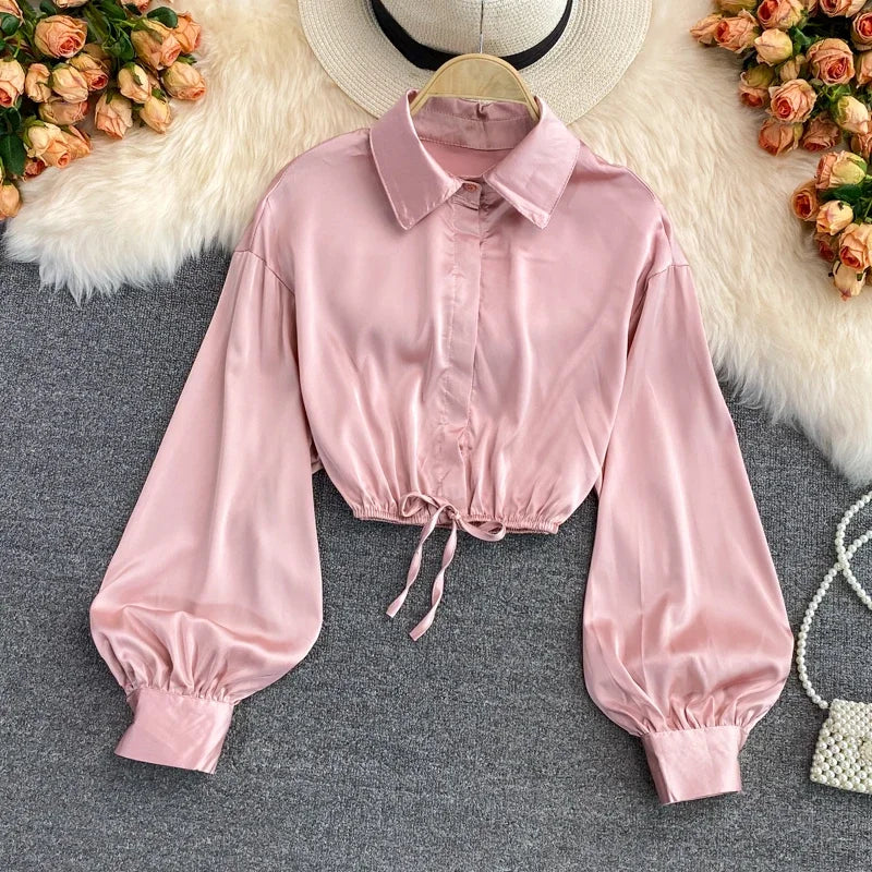 y2k tops woman blouse polo shirts satin long sleeve women blusas female shirt harajuku sexy pleated tee