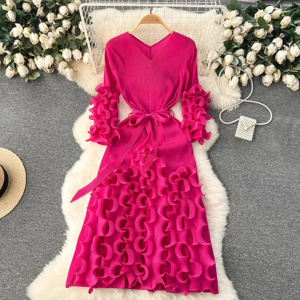 Summer Holiday 3D Ruffled Edge Draped Pleated Dress Women's V Neck Solid Color Oversized High Sretch Lace Up Party Vestidos