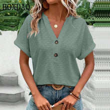 Load image into Gallery viewer, 2023 New Fashion Women Blouses Casual Jacquard Button V-Neck Solid Loose Shirts Summer Short Sleeve Oversized Tops Female