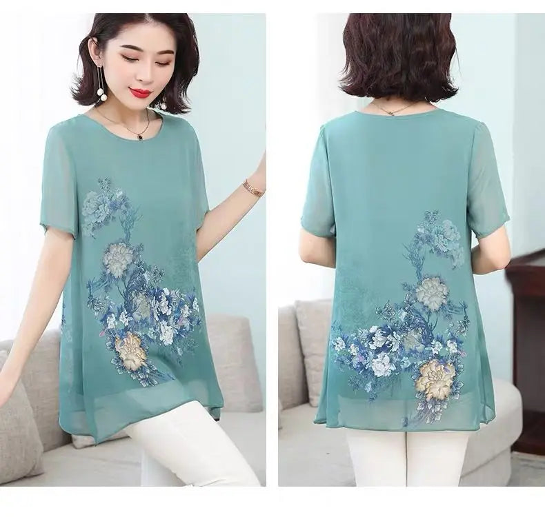 Summer Floral Printed Chiffon Shirt Short Sleeve Female Clothing Loose Stylish Asymmetrical Commute O-Neck Spliced Midi Blouse