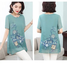 Load image into Gallery viewer, Summer Floral Printed Chiffon Shirt Short Sleeve Female Clothing Loose Stylish Asymmetrical Commute O-Neck Spliced Midi Blouse