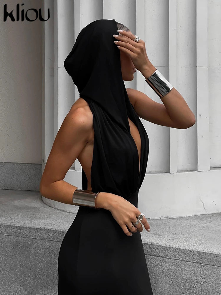 Kliou Elegant Hooded Maxi Dresses Women Hipster Sleeveless Sexy Deep V-neck Backless Side Split Robe Female High Street Vestido