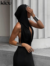 Load image into Gallery viewer, Kliou Elegant Hooded Maxi Dresses Women Hipster Sleeveless Sexy Deep V-neck Backless Side Split Robe Female High Street Vestido