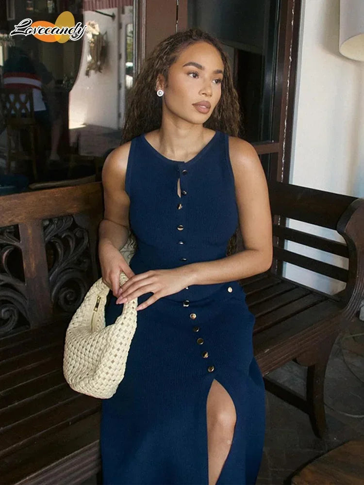 Elegant New Fake Pockets Knitted Long Dress Fashion Single Button Sleeveless O Neck Slim Dresses Summer Lady Commute Party Wear