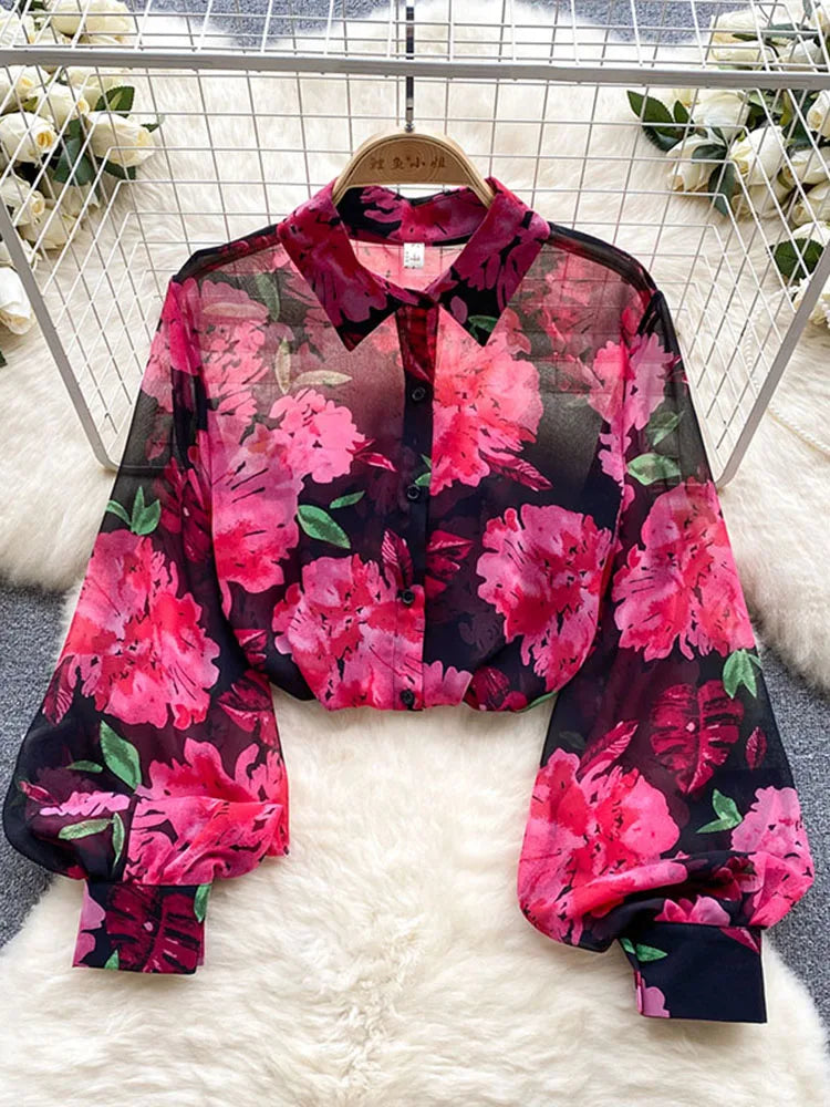 Spring Autumn Temperament Fashion Retro Chiffon Floral Blouses Print Loose Lapel Puff Sleeve Top Button Up Shirt Female GD611