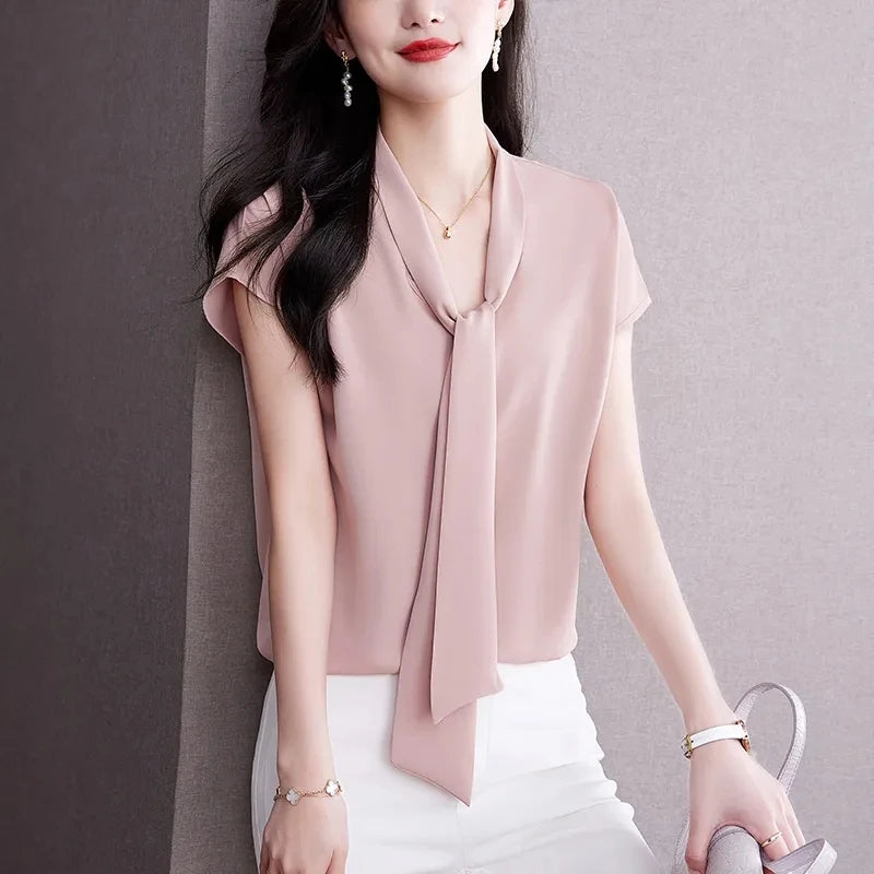 Bow Tie Blouse Shirt for Women OL Elegant Blouses Satin Womens Tops Silk Female Clothing 2023 Korean Fashion Short Sleeve Blouse