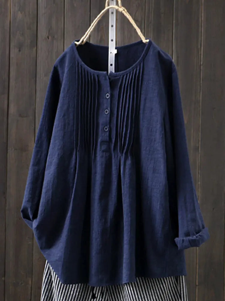 2024 Korean Style Temperament Blouse for Women Fashion O-neck Pleated Long-sleeved Casual Shirts Females Loose Cotton Linen Tops