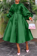 Load image into Gallery viewer, CM.YAYA Women Lantern Long Sleeve Button Front with Sashes Big Swing Satin Retro Dress 2024 Street Even Party Dresses Vestidos