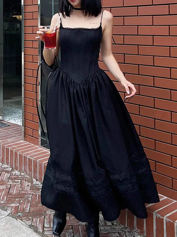 Black Lace Pleated Dress Trim A-Line Spaghetti Strap Backless Vintage Punk Long Dress Women Night Prom Korean Gothic Sundress