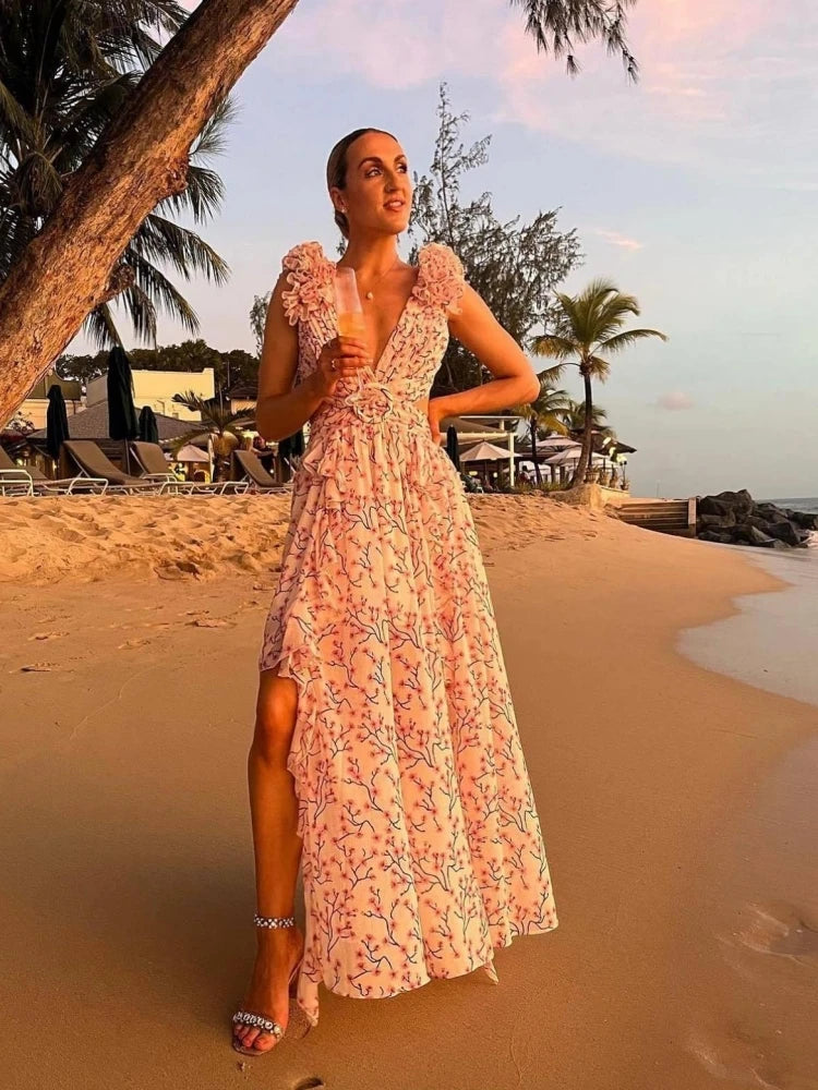 Sexy Pink Printed Deep V Neck Hollow Out Dress Women Sleeveless Ruffle Floral Split Long Dress Vacation Party Beach Vestido